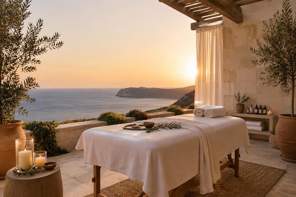 Table de massage installée sur une terrasse face à la mer