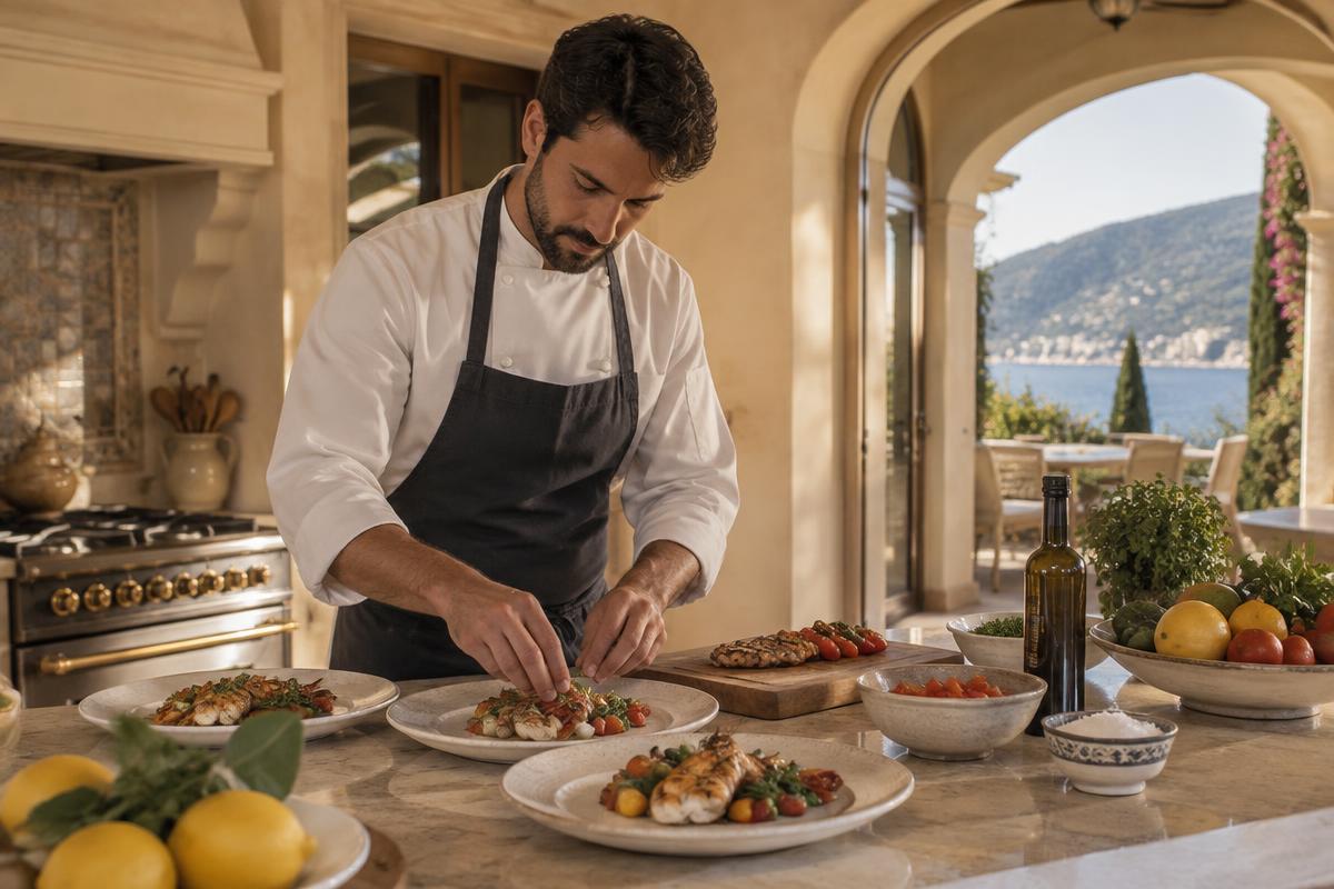 Chef à domicile préparant un dîner méditerranéen dans une villa