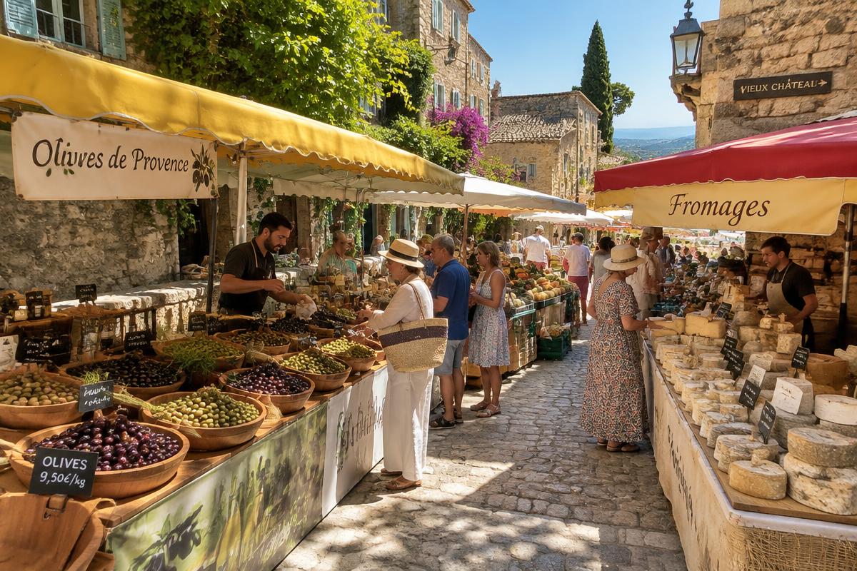 Marché provençal dans un village perché