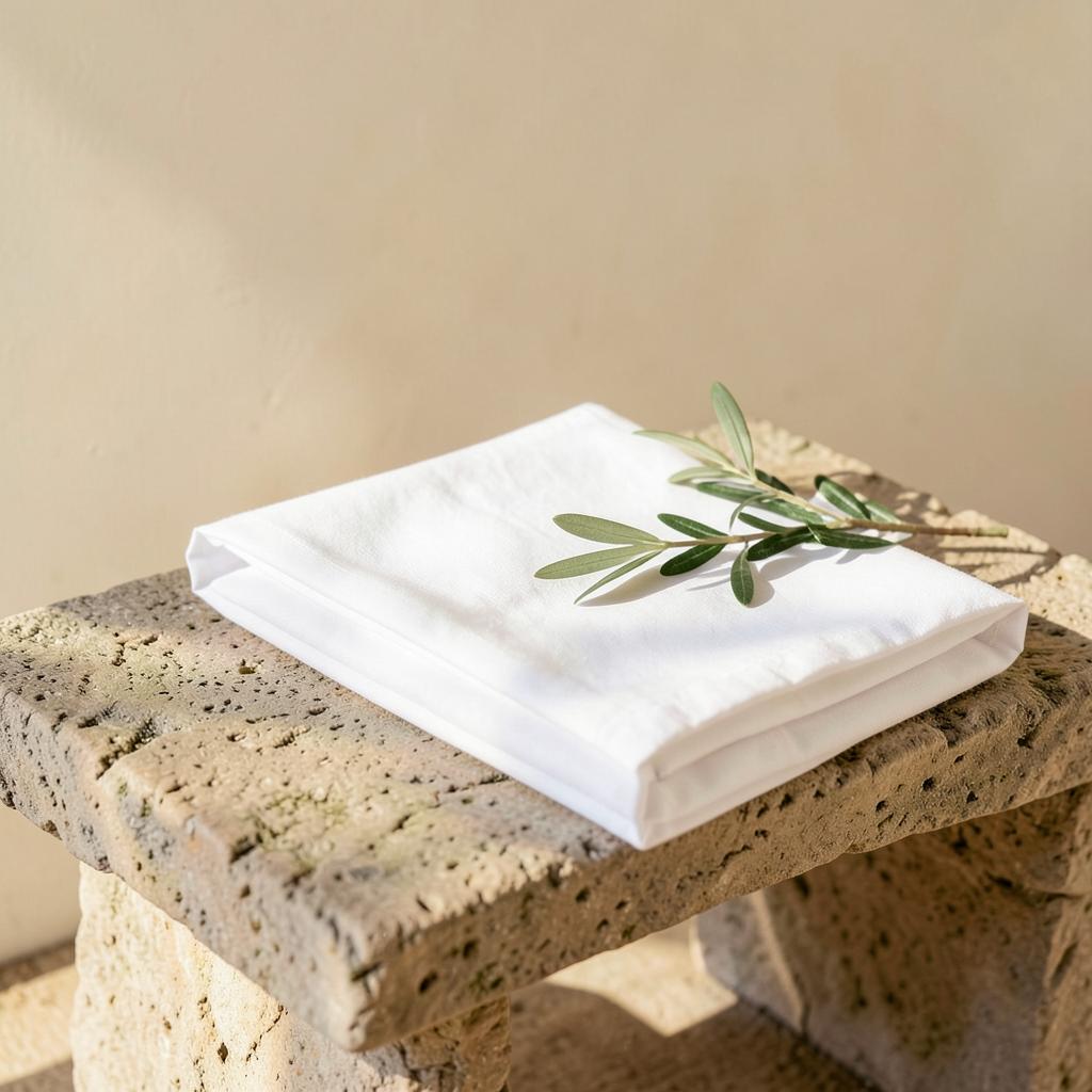 Linge hôtelier plié sur un banc en pierre