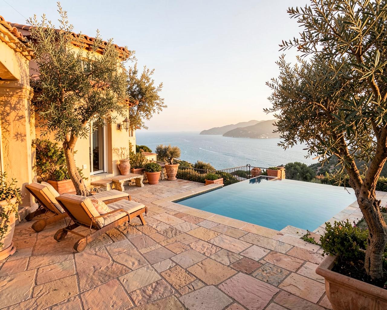 Terrasse en pierre d'une villa avec piscine et vue sur la mer
