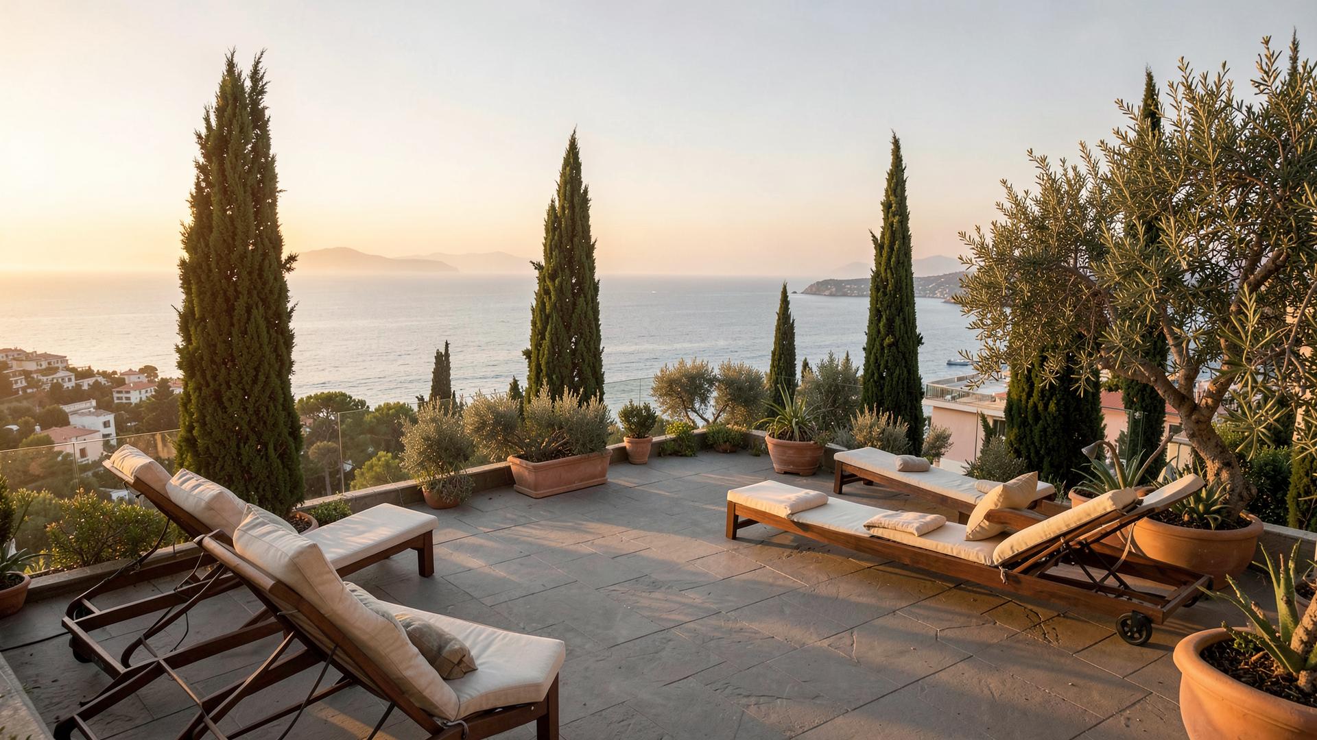 Terrasse face à la Méditerranée au coucher du soleil