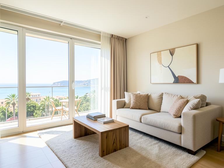 Séjour lumineux d'un appartement de bord de mer