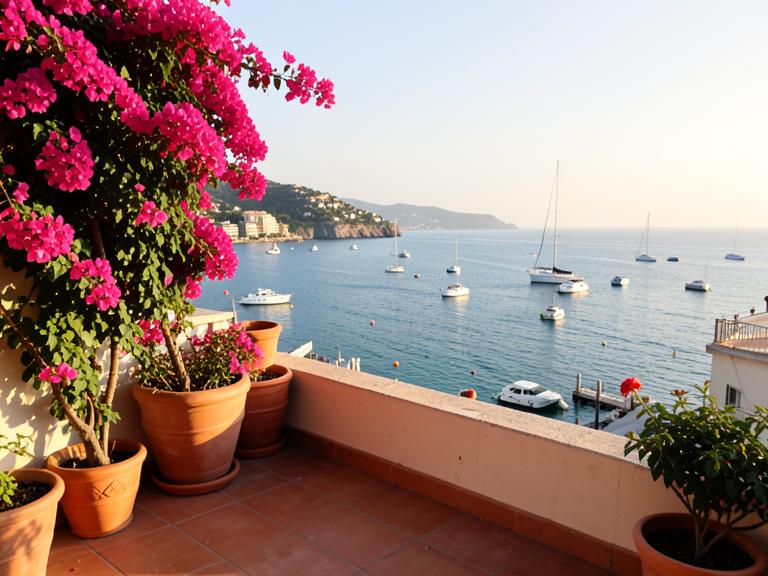 Terrasse fleurie surplombant la rade de Villefranche-sur-Mer